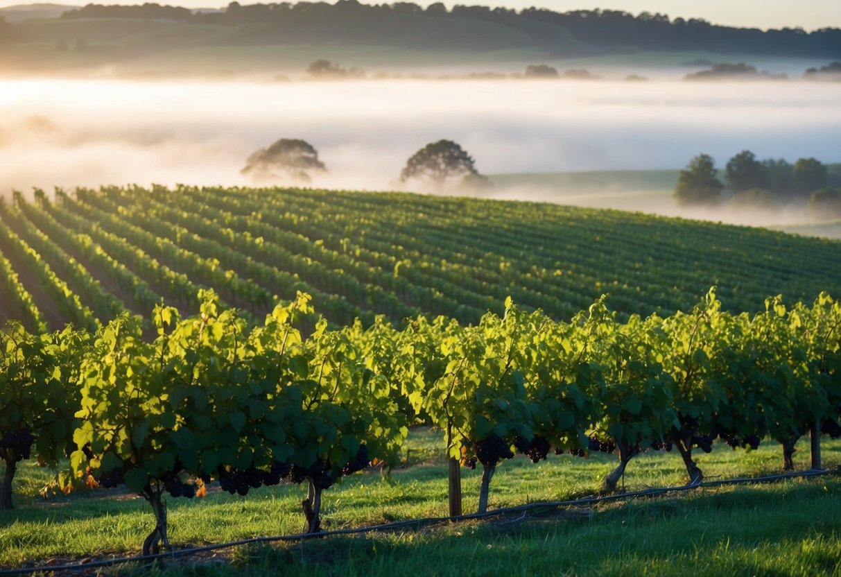 Rolling hills of vineyards in the cool, misty morning. Sunlight filters through the leaves, casting dappled shadows on the grapevines. A gentle breeze carries the earthy aroma of the Pinot Noir grapes