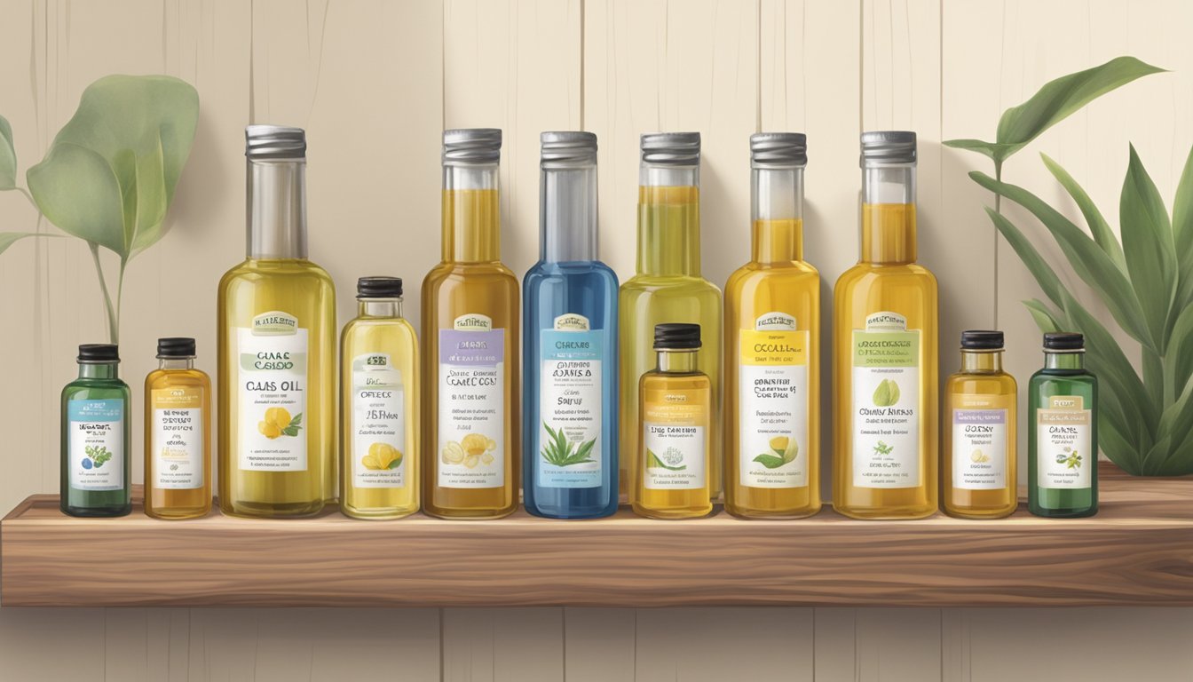 A collection of glass bottles filled with Carrier Oil Essentials aura cacia cold pressed oils, arranged on a wooden shelf