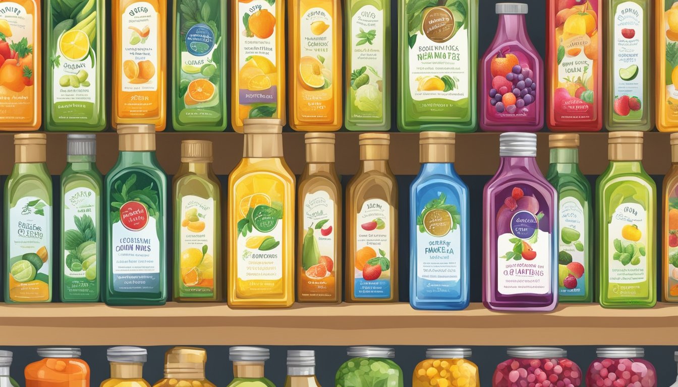 A colorful array of cold pressed oils on display with vibrant fruits and vegetables in the background