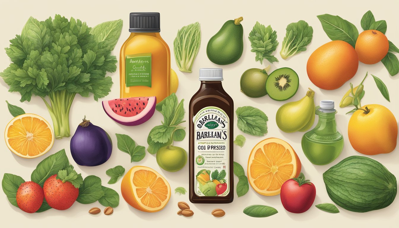 A variety of fruits, vegetables, and seeds arranged around a bottle of Barlean's cold-pressed oils, showcasing their nutritional profile