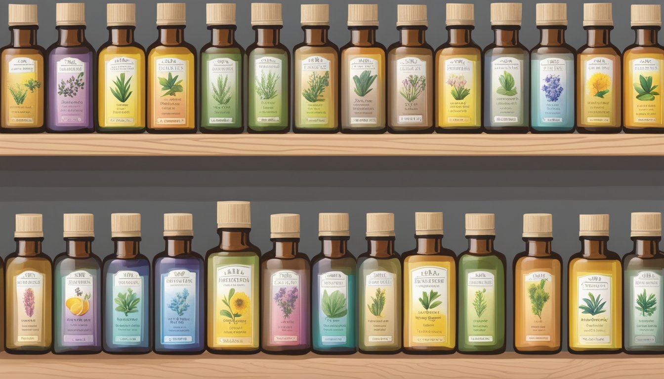 An array of colorful bottles of cold-pressed oils and aromatic essential oils from Aura Cacia displayed on a wooden shelf