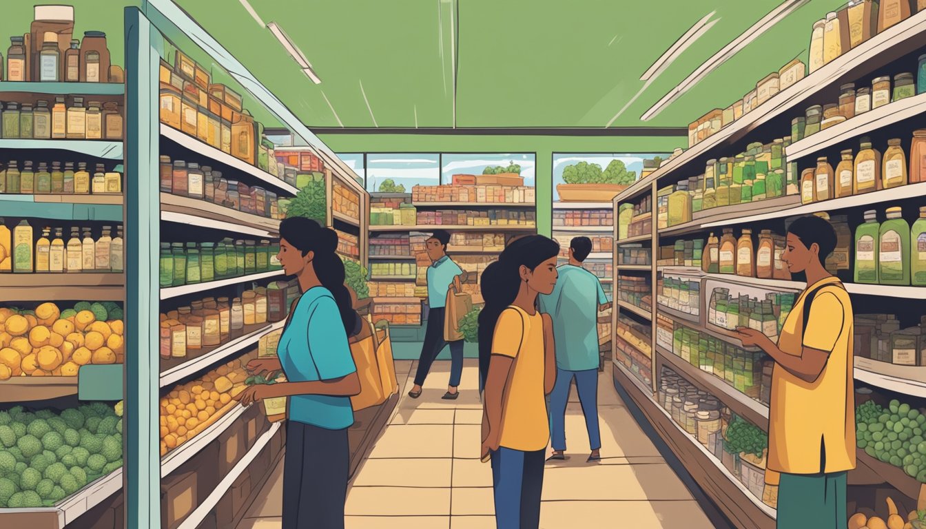 A bustling Indian grocery market with shelves stocked with various bliss tree cold pressed oils and customers browsing the selection