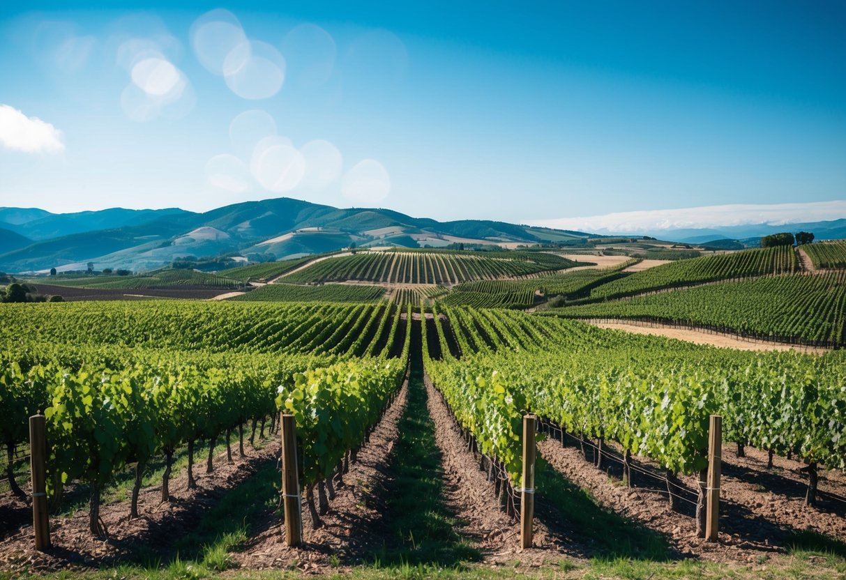 A vineyard in the Chilean countryside, with rows of grapevines stretching into the distance, backed by rolling hills and a clear blue sky