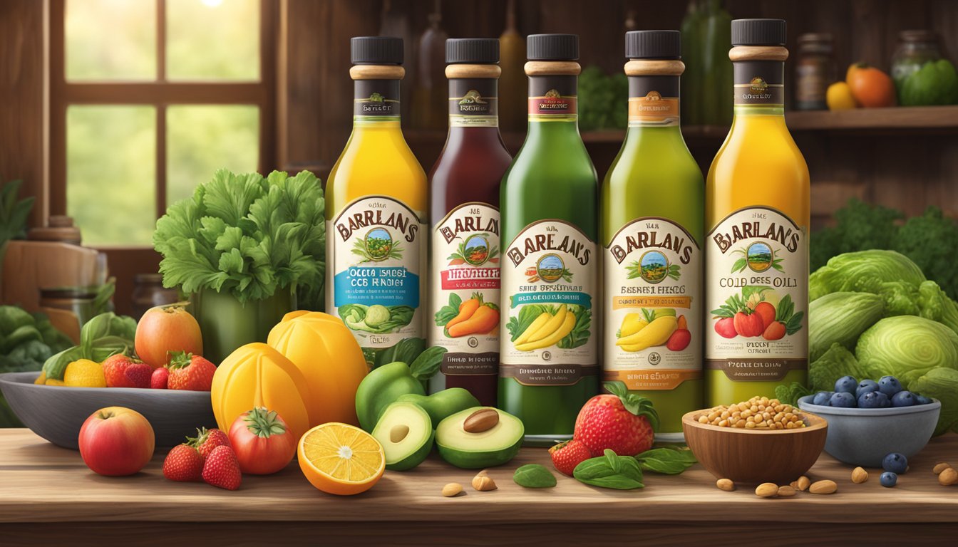 A rustic wooden table displays various bottles of Barleans cold pressed oils surrounded by fresh, colorful fruits and vegetables