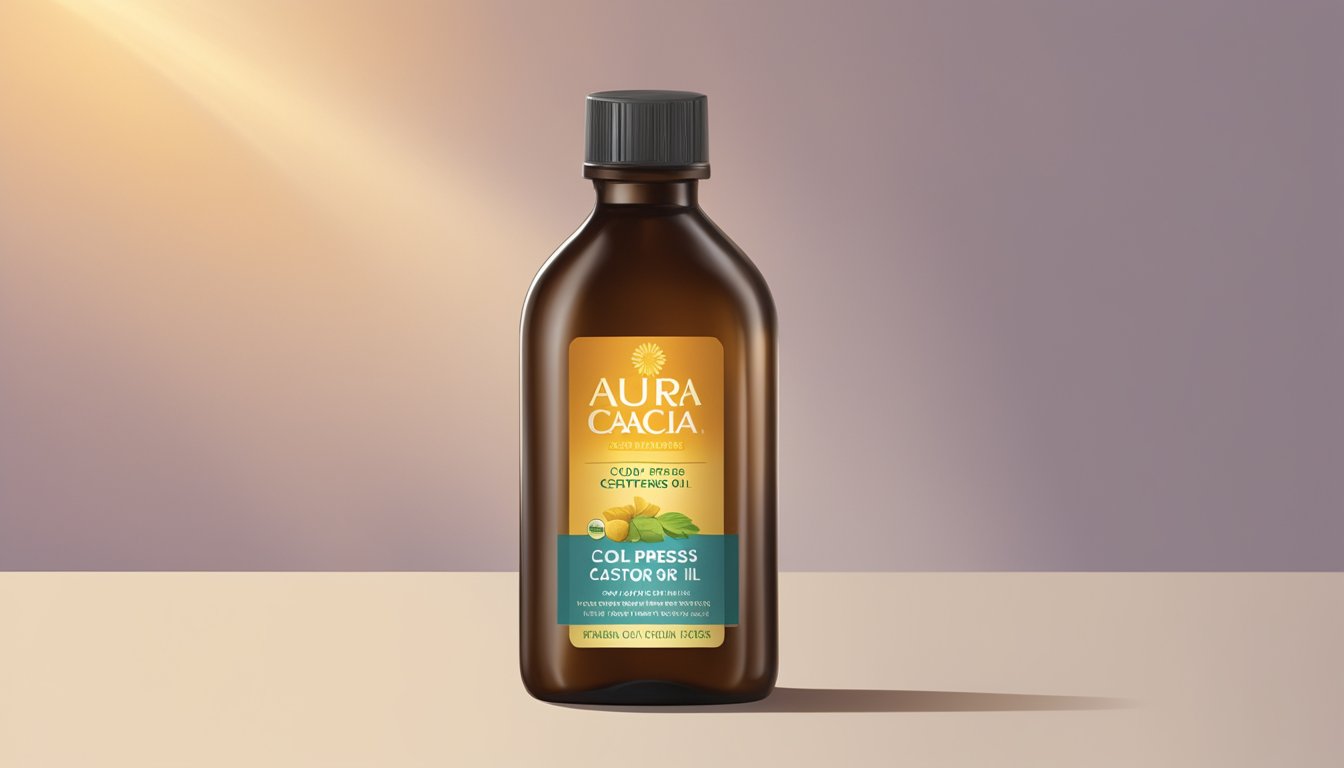 A bottle of Aura Cacia cold-pressed Castor Oil sits illuminated in a spotlight, casting a warm glow on the label