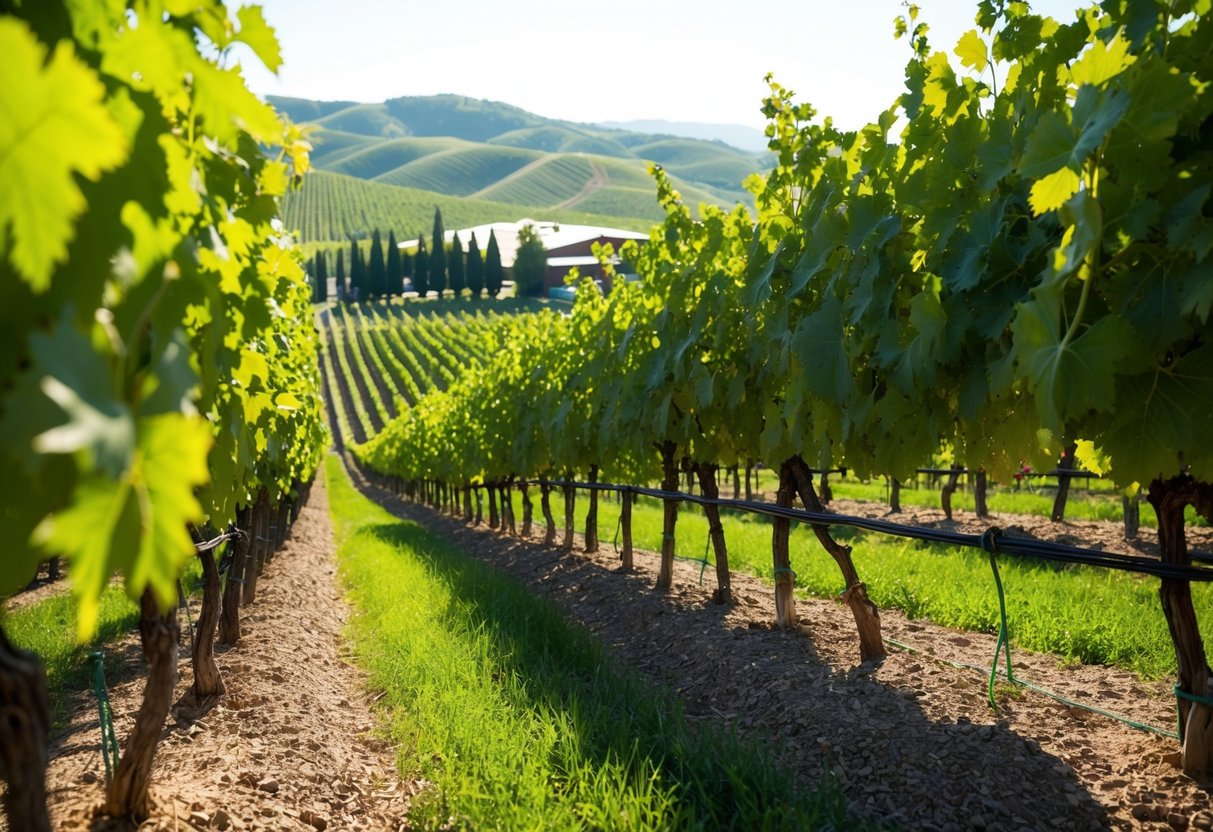 Vineyard landscape with rows of grapevines, rolling hills, and a winery in the distance. Sunlight filters through the leaves, casting dappled shadows on the ground