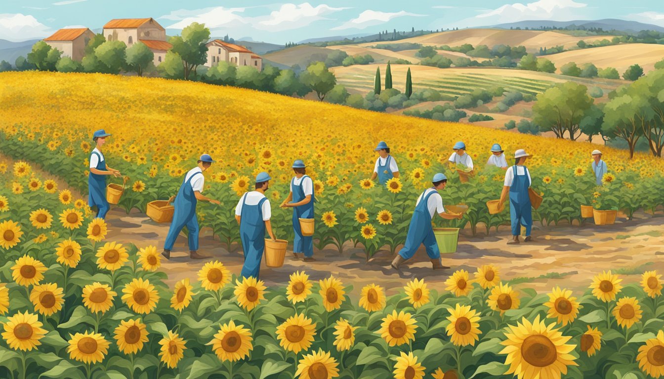 A lush field of sunflowers and olives, with workers tending to the plants and harvesting the fruits for Aura Cacia cold-pressed oils