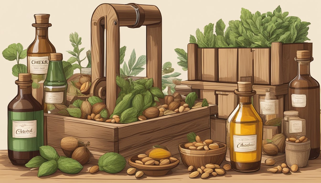 A rustic wooden press extracting oil from various seeds and nuts, surrounded by fresh produce and labeled bottles of Chekko cold pressed oils