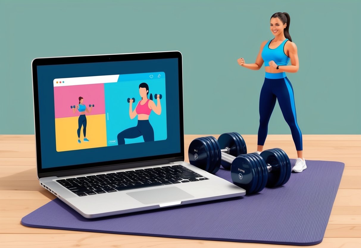A laptop with a fitness app open, next to a set of dumbbells and a yoga mat. A virtual trainer on the screen contrasts with a physical trainer in the background