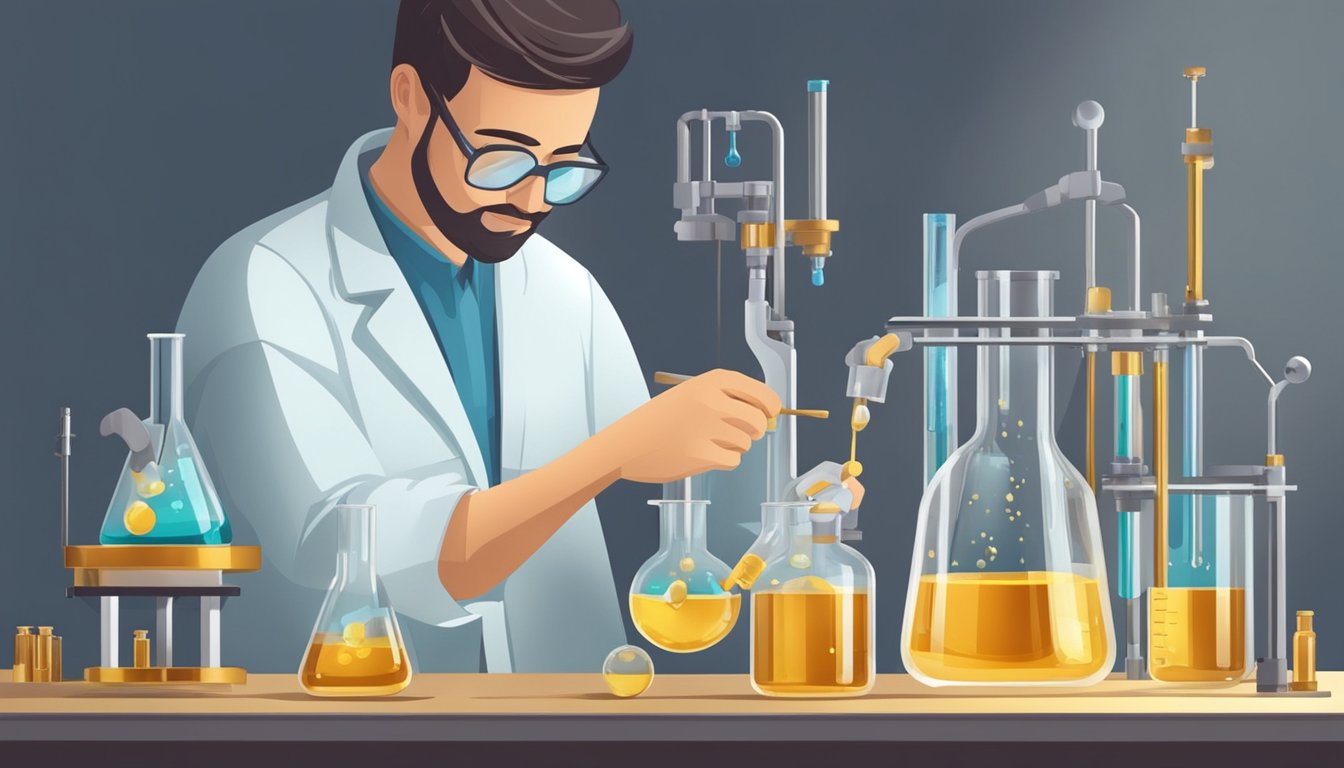 A laboratory filled with glass beakers, test tubes, and scientific equipment. A scientist carefully pouring a golden liquid from a press into a small vial