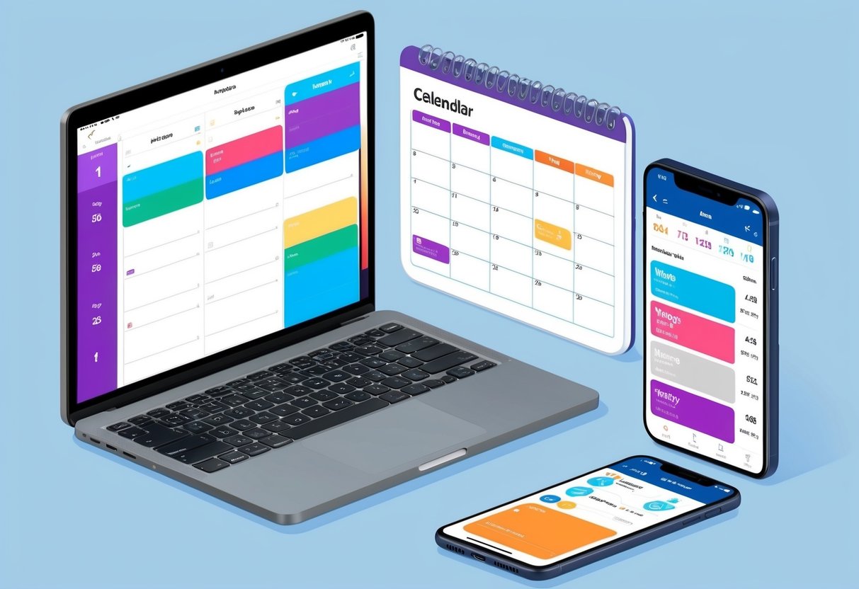 A laptop with a fitness app open, next to a calendar with flexible time slots, and a smartphone displaying workout reminders