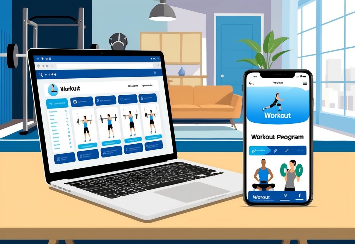 A laptop and a smartphone sit side by side on a table, each displaying a workout program. A gym and a home setting are visible in the background