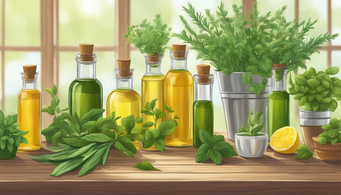 Bottles of Cliganic cold-pressed oils arranged on a wooden table with fresh herbs and plants in the background