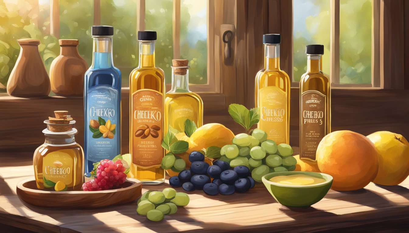 A rustic wooden table displays various bottles of Chekko cold-pressed oils, surrounded by fresh fruits, nuts, and seeds. Sunlight streams in through a nearby window, casting a warm glow over the scene