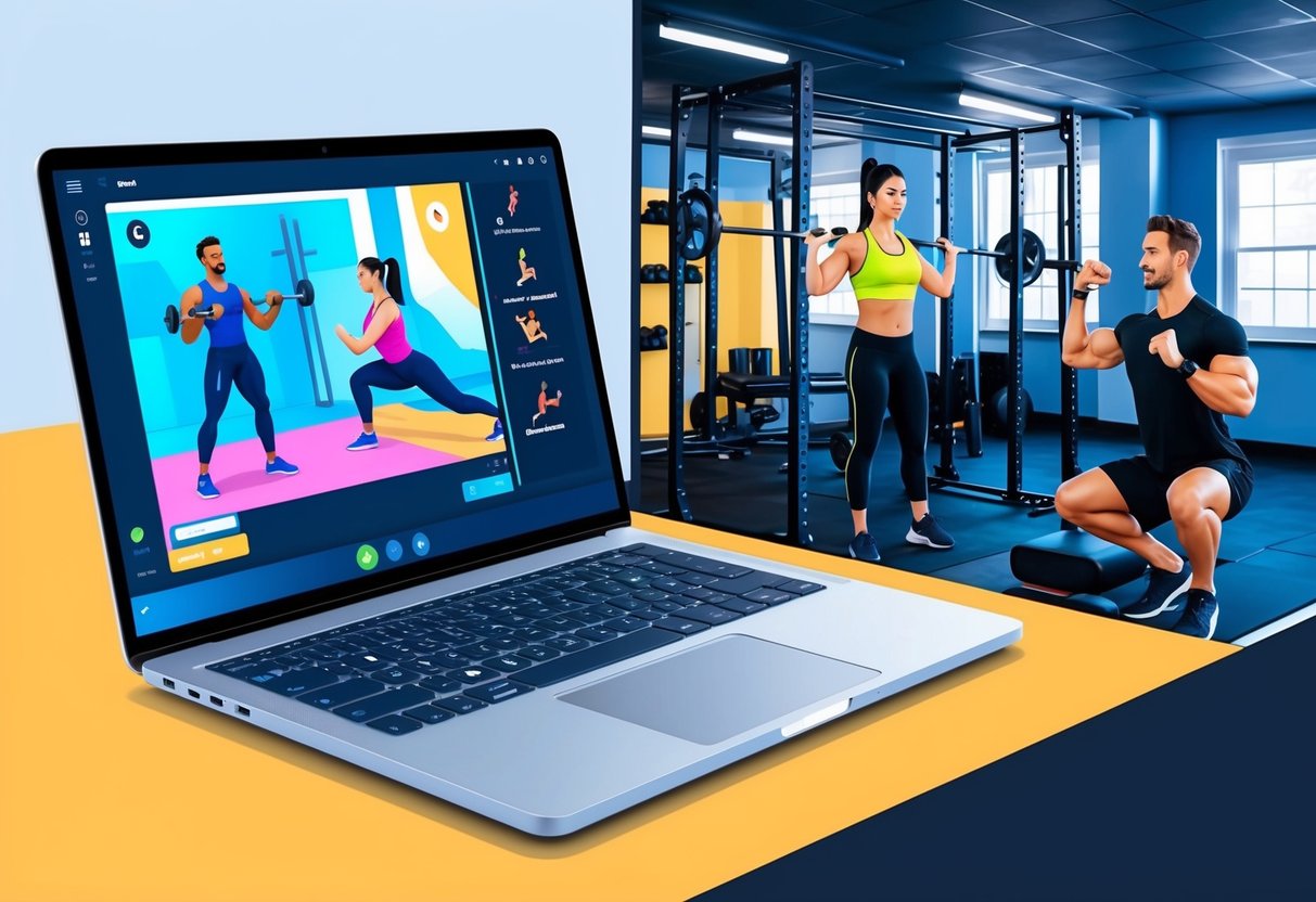 A laptop displaying a virtual workout session with a trainer on one side, while a gym with a personal trainer guiding a client through exercises on the other side