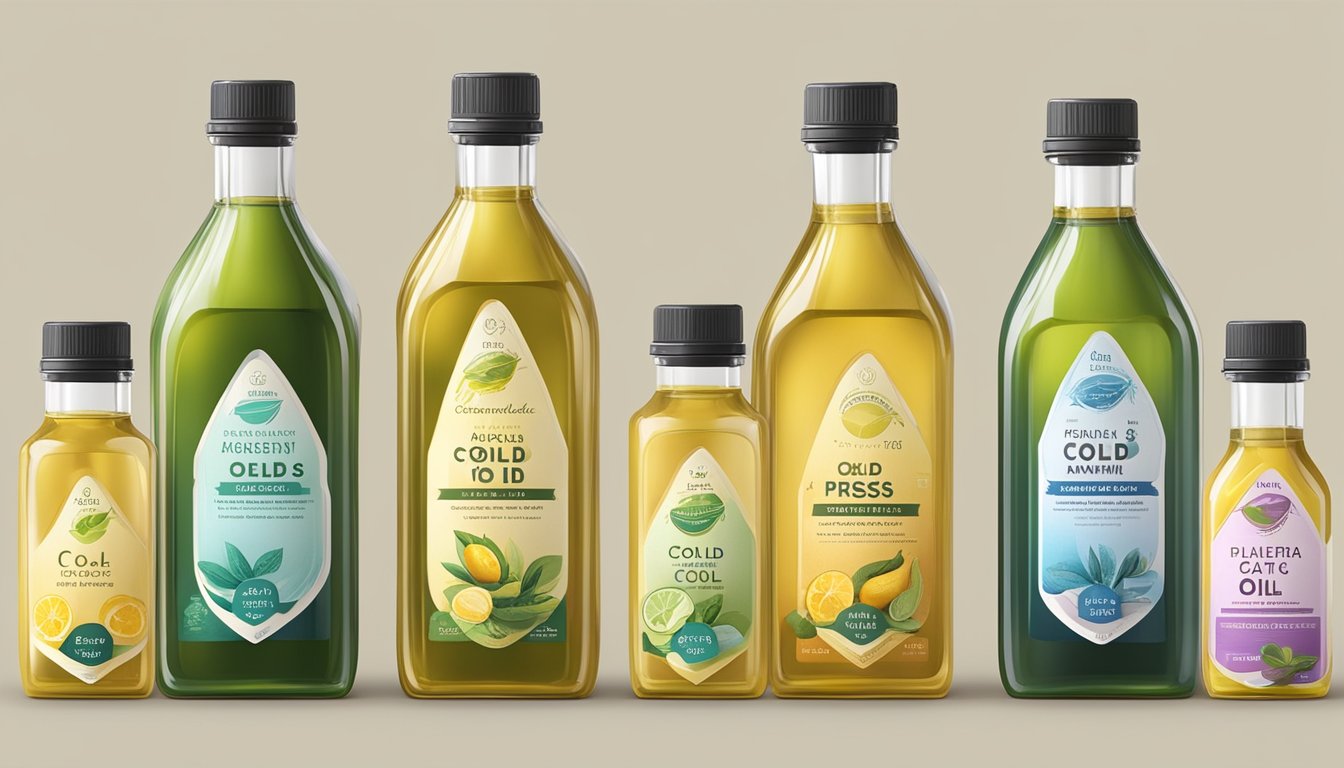 A variety of cold pressed oils displayed with clear dietary labels and serving size measurements