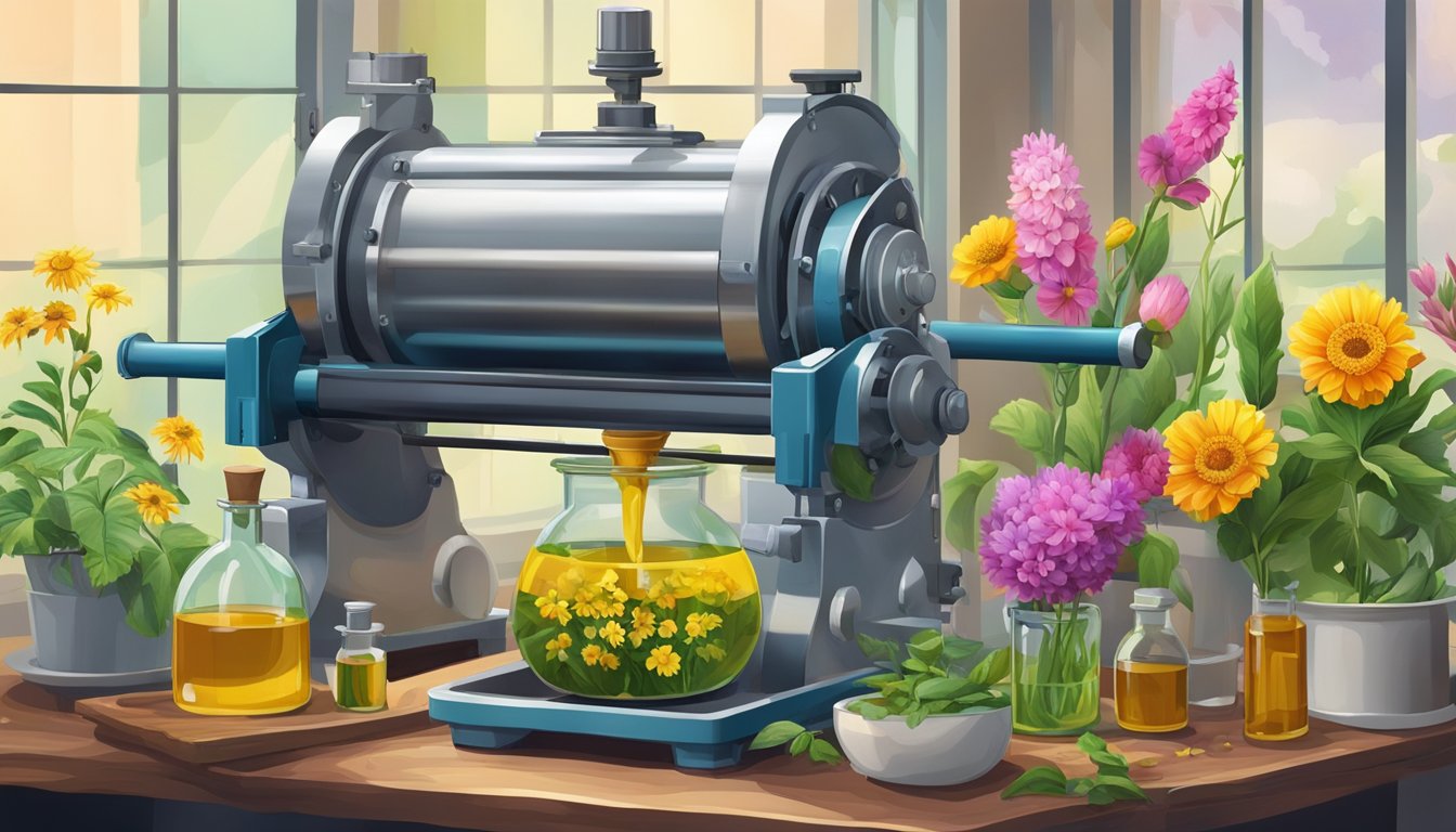 A variety of colorful and vibrant flowers and plants are being pressed to extract their oils, with a large industrial press in the background