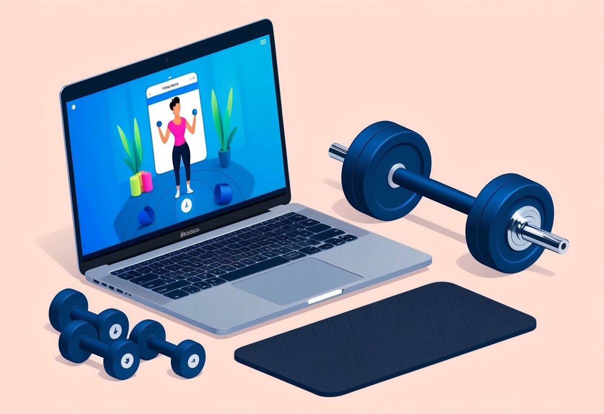 A laptop with a fitness app open next to a set of weights and exercise mat, with a virtual personal trainer on the screen guiding a workout