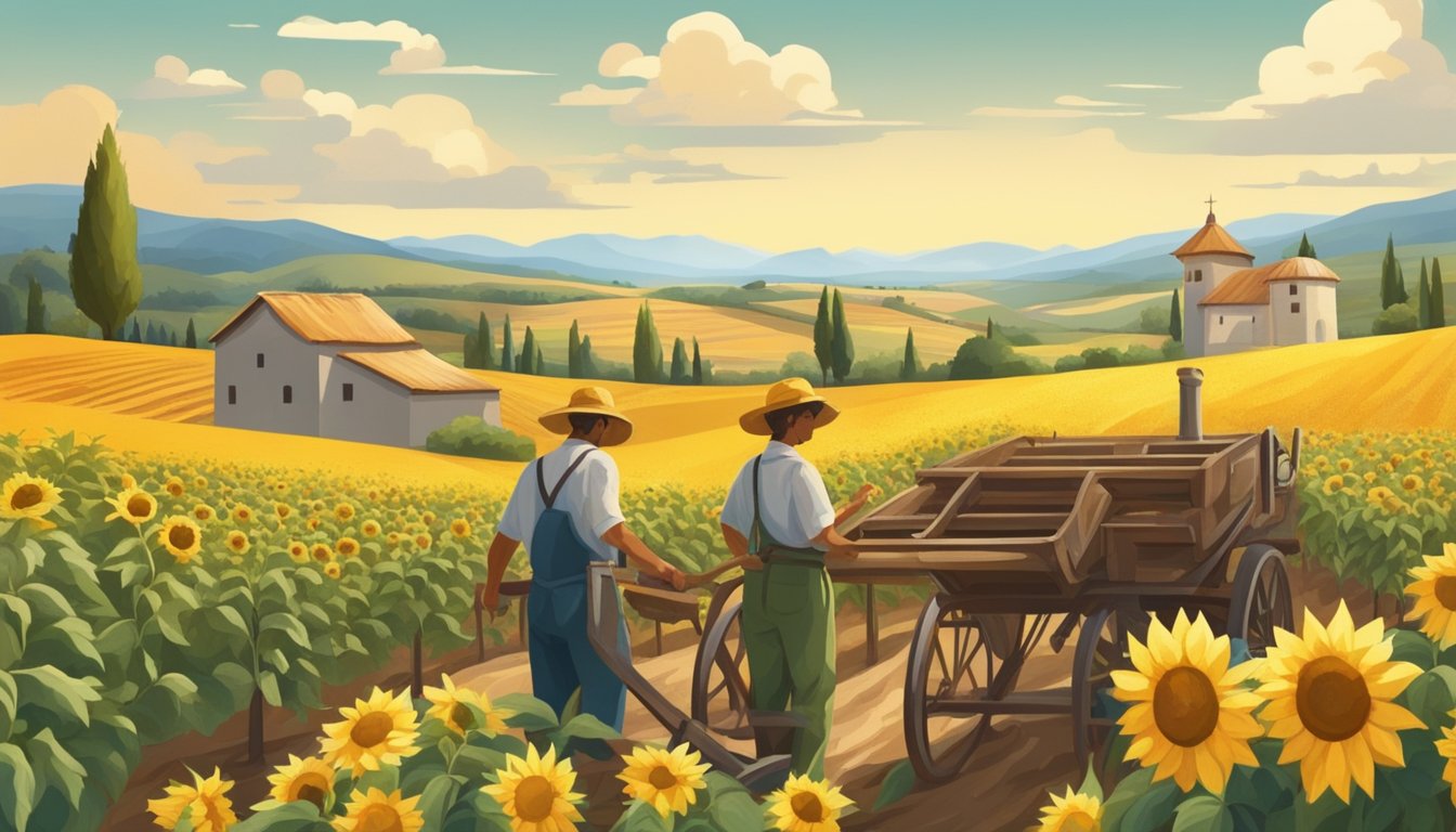 A serene countryside landscape with fields of sunflowers and olives, a small rustic press, and workers tending to the crops