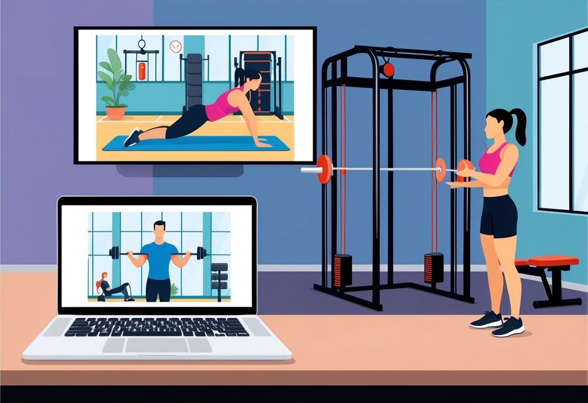 A laptop displaying a virtual personal training session next to a traditional gym with a personal trainer guiding a client through exercises