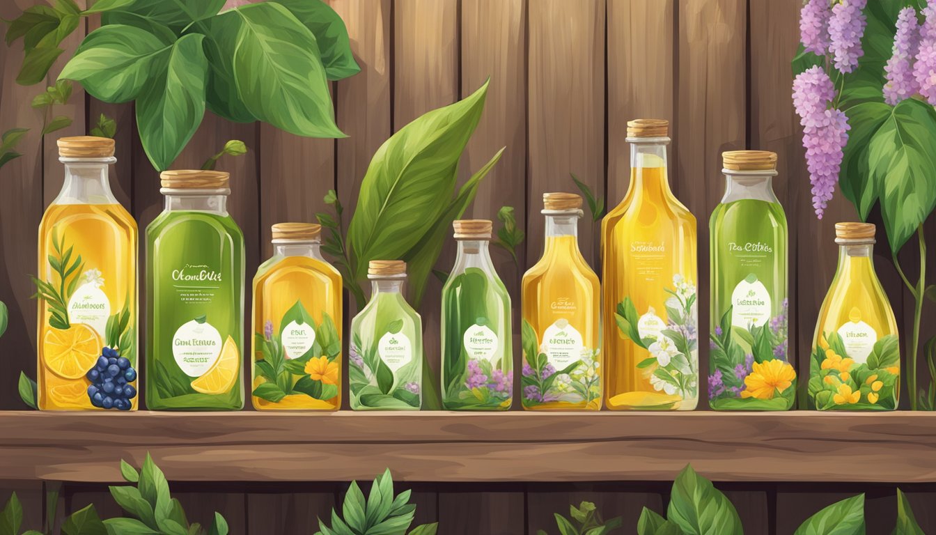 Bottles of cold-pressed oils displayed on a wooden market stall, surrounded by fresh, vibrant flora