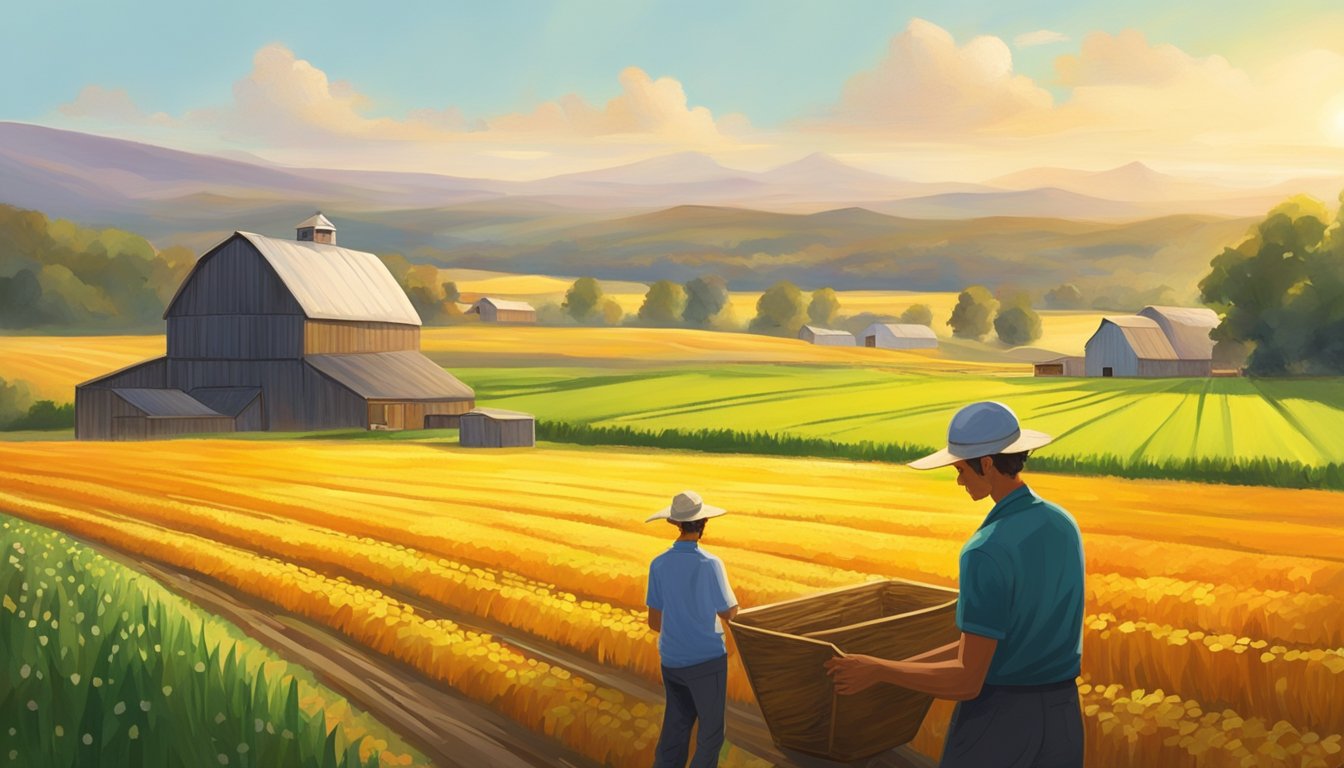 A sunlit field of vibrant, blooming crops stretches to the horizon, with a rustic barn in the background. A worker tends to the cold press machines, extracting rich, golden oils