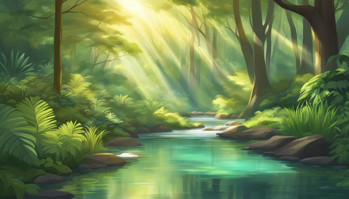 A serene forest with a clear stream, surrounded by lush vegetation and diverse plant life. The sun shines through the canopy, highlighting the natural beauty