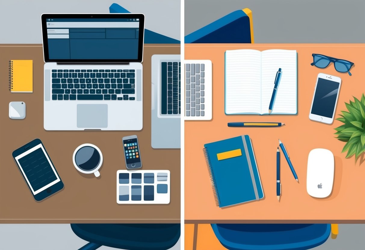 A cluttered desk with a laptop and phone on one side, and a clear, organized desk with a notebook and pen on the other