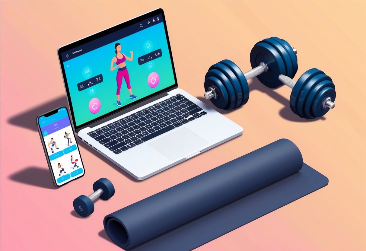 A laptop with a fitness app open next to a set of dumbbells and a yoga mat, with a virtual personal trainer guiding a workout