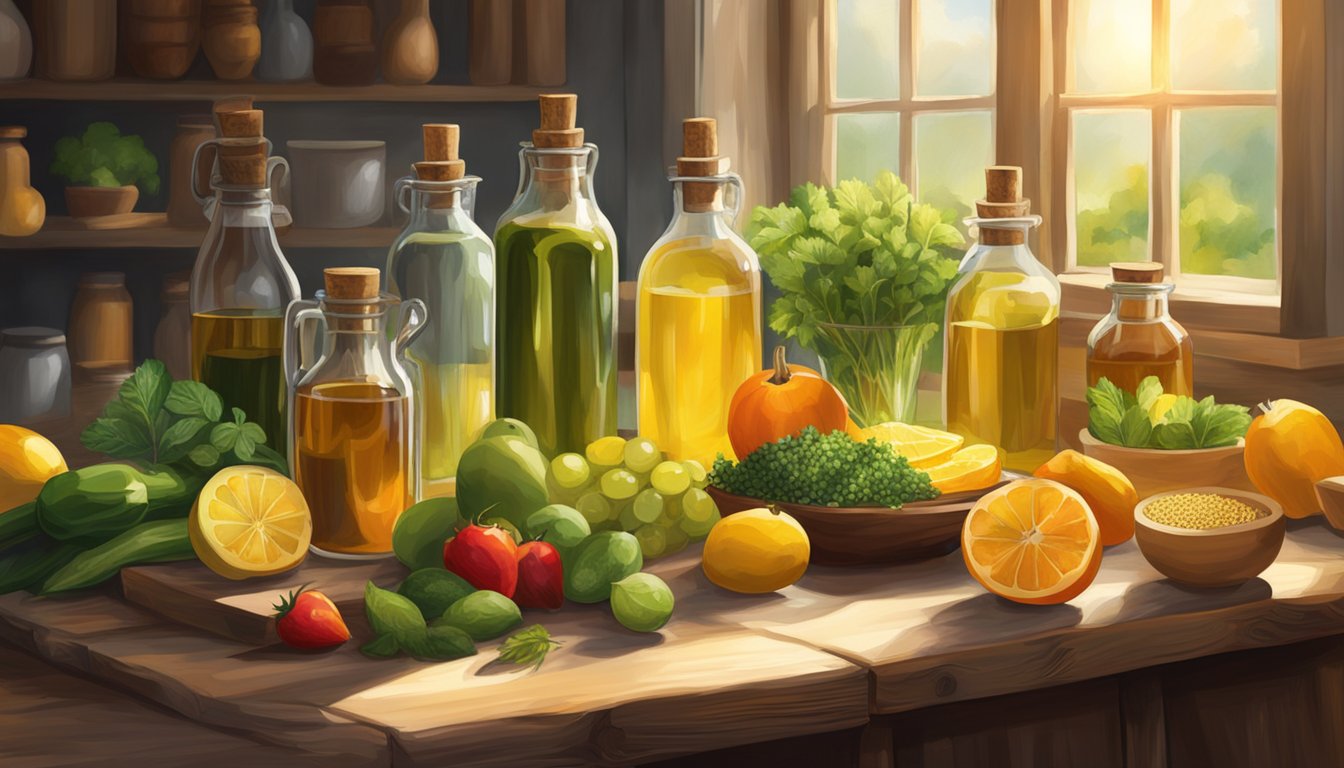 A rustic wooden table holds various bottles of cold pressed oils, surrounded by fresh fruits, vegetables, and herbs. Sunlight streams in through a nearby window, casting a warm glow over the scene