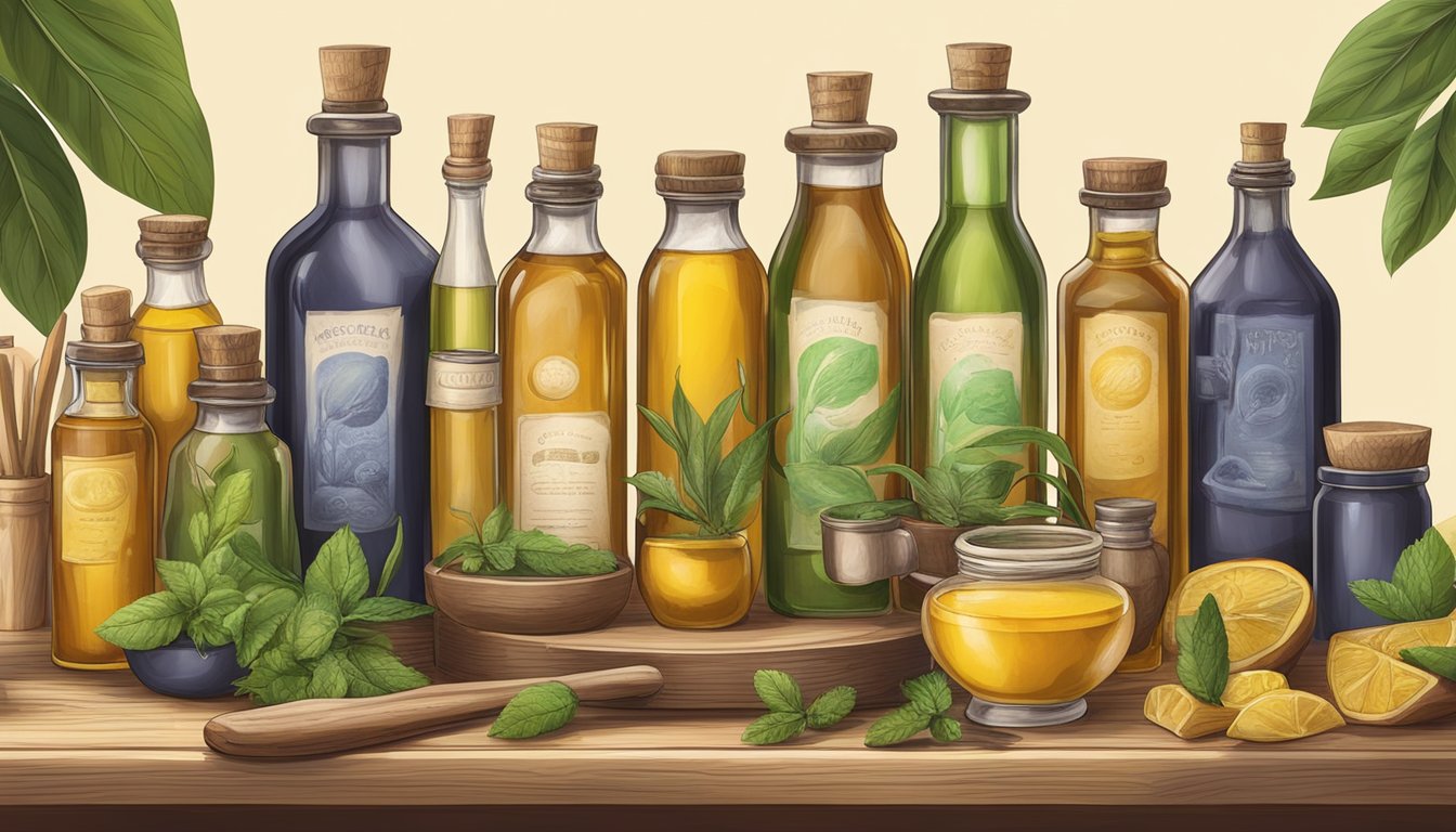 A wooden table with various bottles of cold-pressed oils, surrounded by handcrafted tools and ingredients