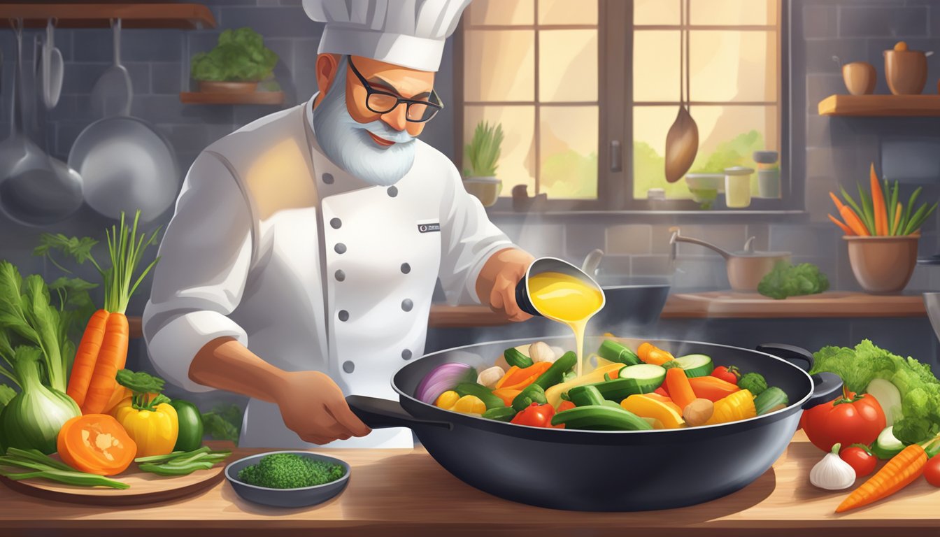 A chef pours Cold Pressed Coconut Oil into a sizzling pan of colorful vegetables, creating a vibrant and healthy cooking scene