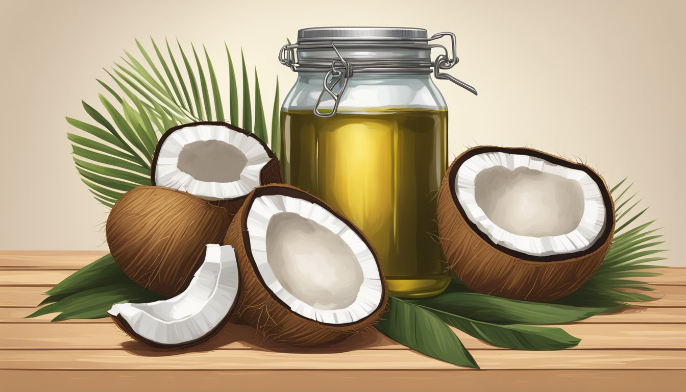 A jar of cold-pressed coconut oil surrounded by fresh coconuts, tropical leaves, and a wooden spoon on a rustic kitchen countertop