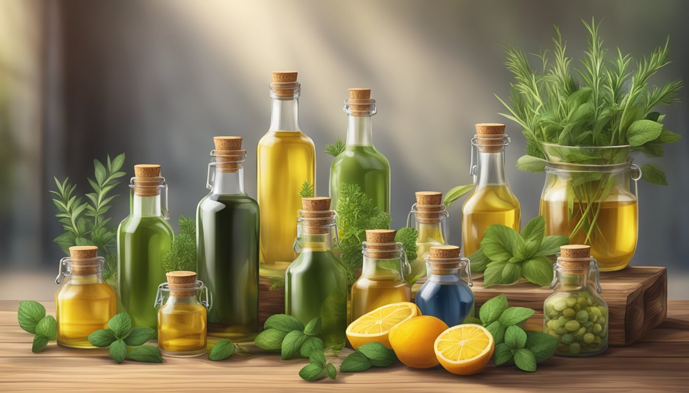 A rustic wooden table with various glass bottles of cold pressed oils, surrounded by fresh herbs and fruits