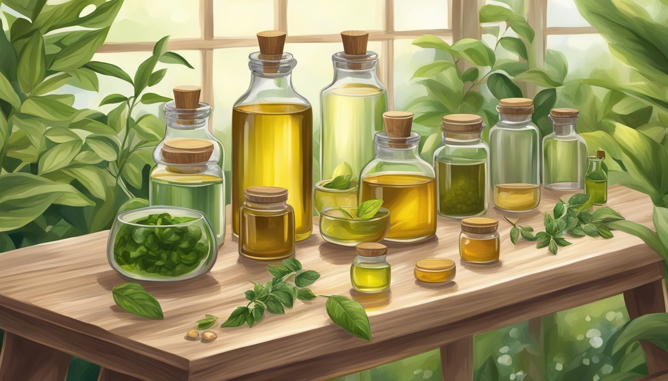 A wooden table with glass bottles of cold pressed oils and natural ingredients for handcraft blending, surrounded by greenery