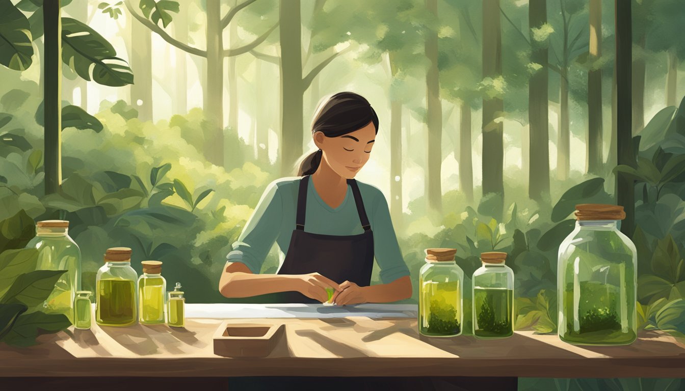 A serene forest clearing with a small workshop, surrounded by lush greenery and sunlight filtering through the trees. A person is carefully blending cold pressed oils in glass bottles, with a focus on ethical and sustainable practices