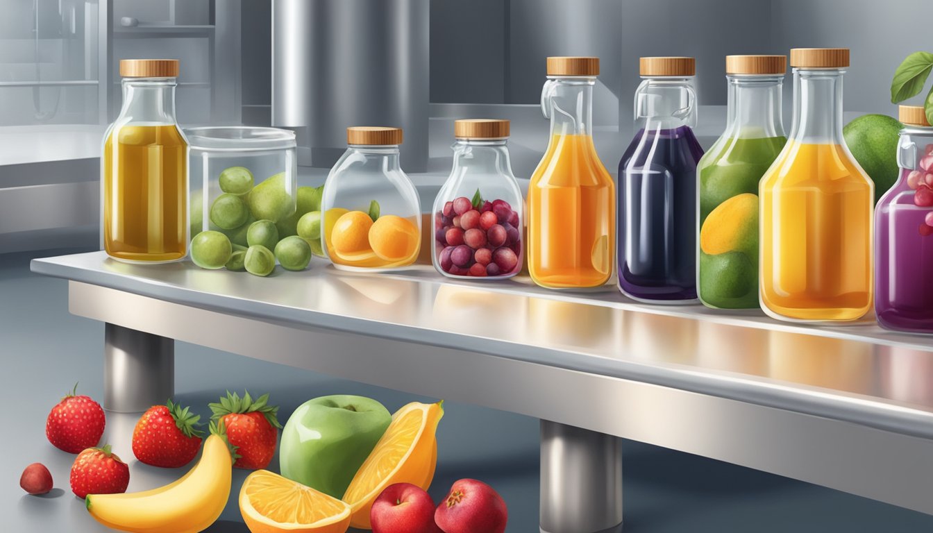 A variety of colorful fruits and seeds are being cold-pressed to extract healthy oils in a modern, clean and industrial setting