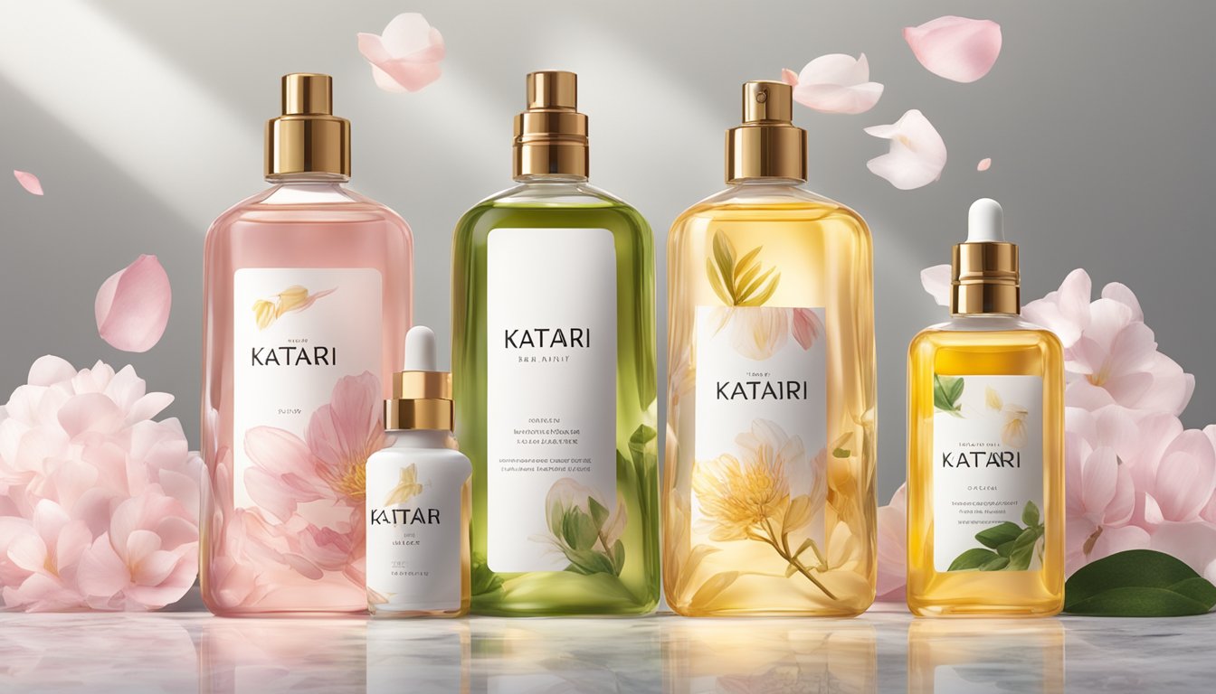 Luminous bottles of Katari Beauty oils arranged on a marble surface, surrounded by delicate flower petals and bathed in soft natural light