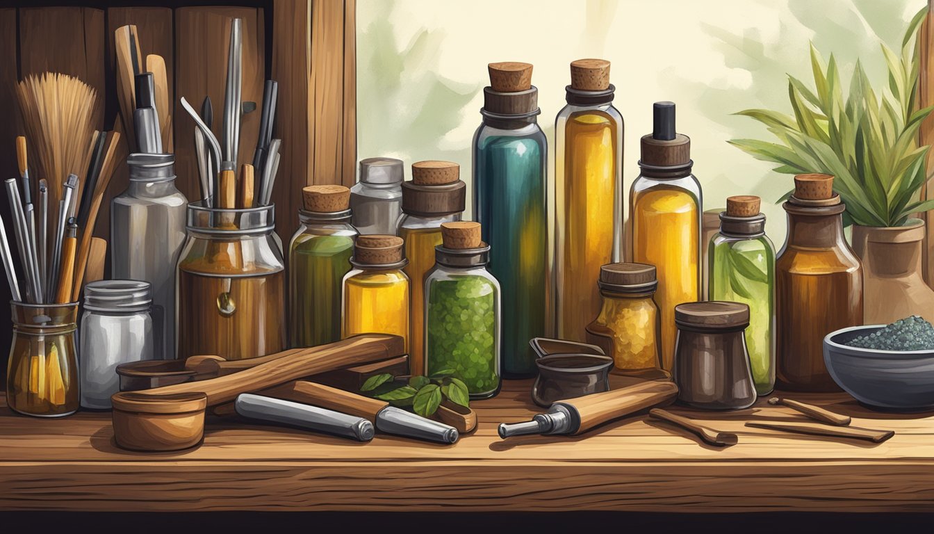 A rustic wooden table holds various bottles of cold-pressed oils, surrounded by handcrafted tools and equipment used for blending and creating advanced oil blends