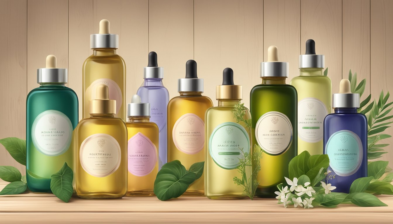 A collection of colorful bottles of Katari Beauty cold-pressed oils arranged on a rustic wooden table, surrounded by fresh botanicals and bathed in soft natural light