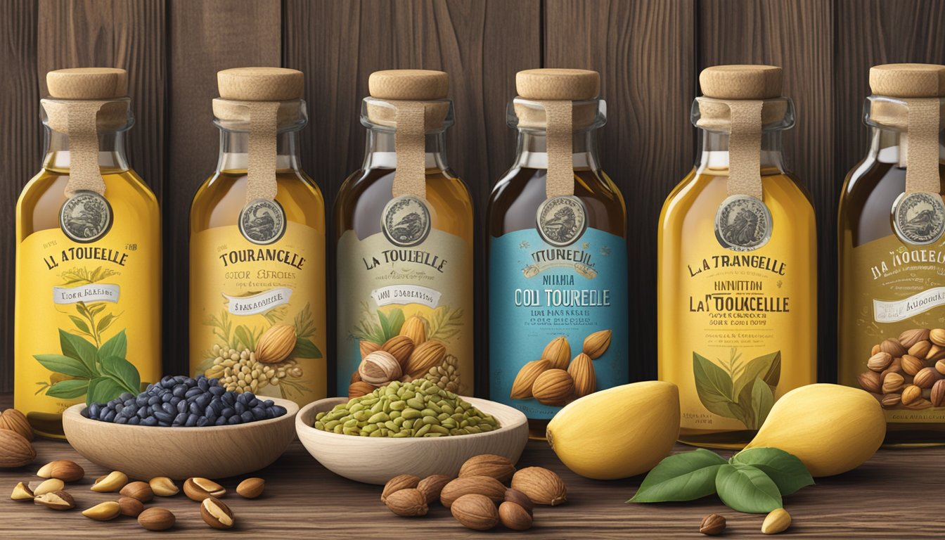 Bottles of La Tourangelle cold-pressed oils arranged on a rustic wooden table, surrounded by various seeds and nuts