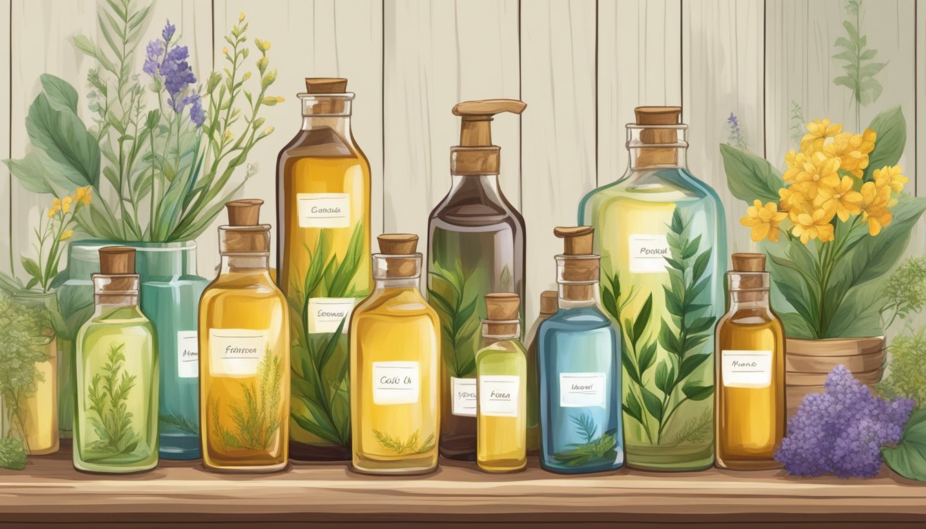 Various bottles of handcrafted cold-pressed oils displayed on a wooden shelf, surrounded by natural elements like flowers and herbs