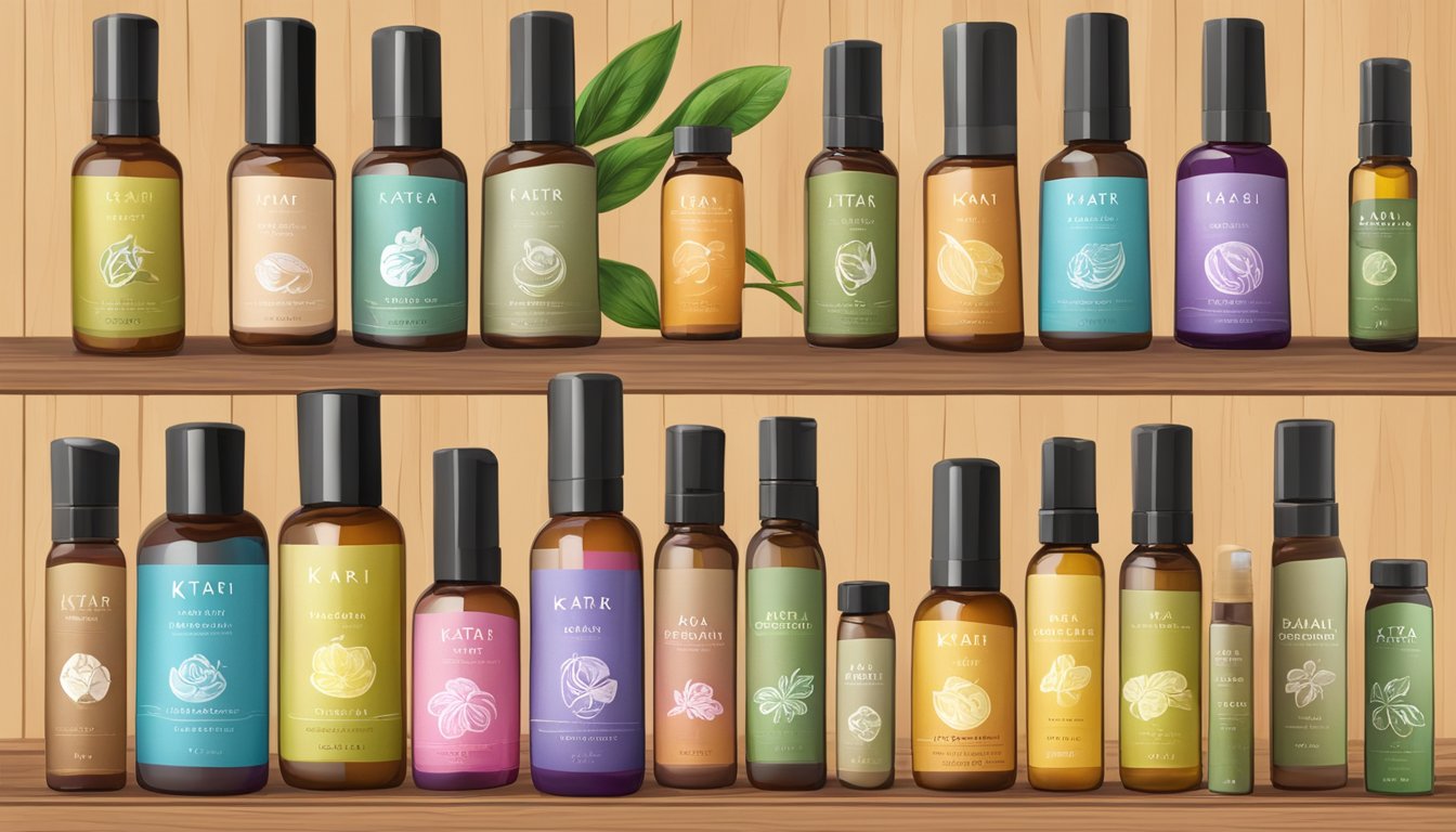 A variety of colorful bottles of Katari Beauty cold pressed oils arranged on a wooden table, with each bottle labeled with the name of the key ingredient and its properties