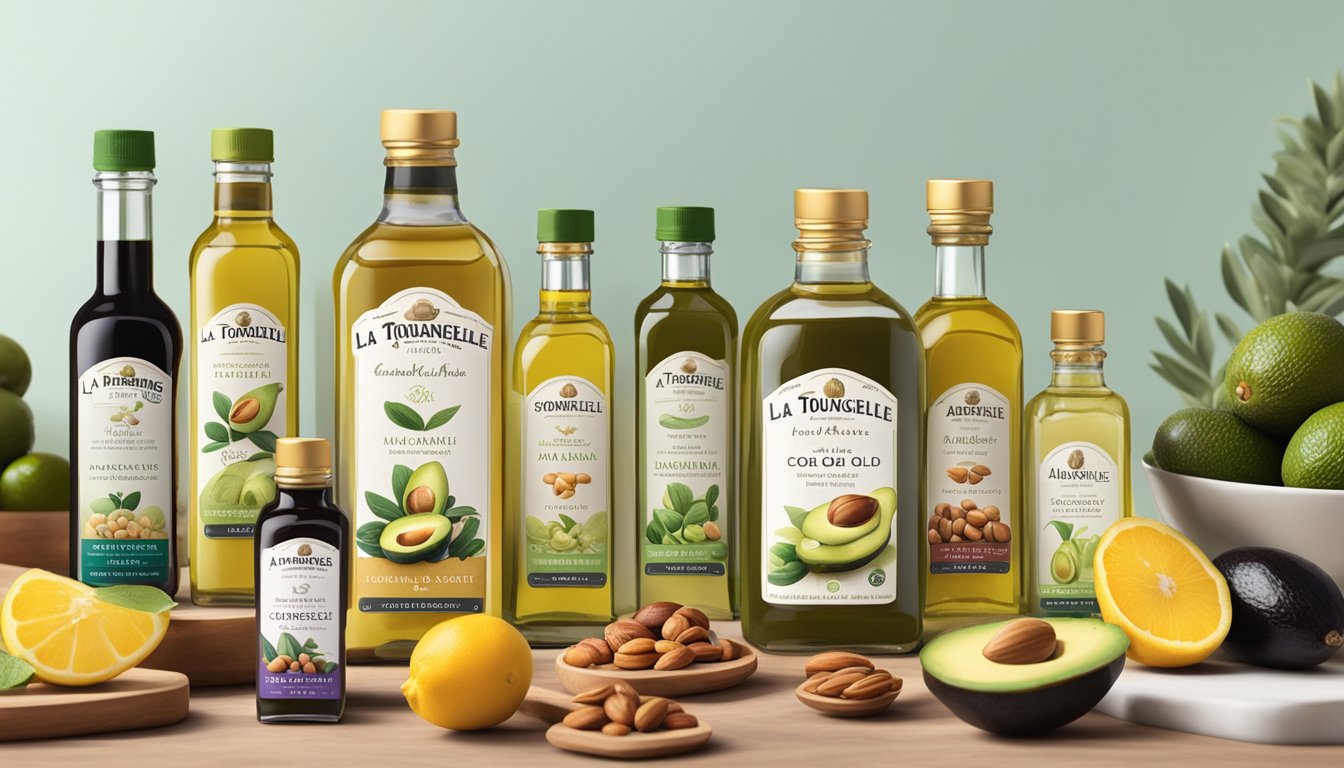 A display of La Tourangelle cold pressed oils with various bottles and labels, surrounded by fresh ingredients like olives, avocados, and nuts