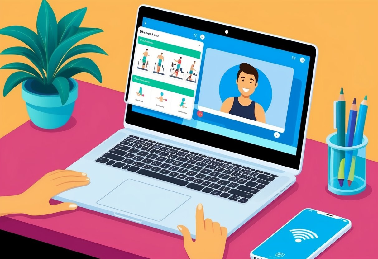 A laptop with a fitness app open, showing workout plans and a video call with a personal trainer. Safe and secure internet connection
