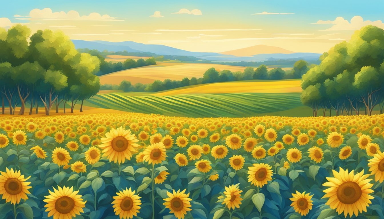 A sunlit field with rows of vibrant sunflowers and olives, surrounded by lush greenery and a clear blue sky