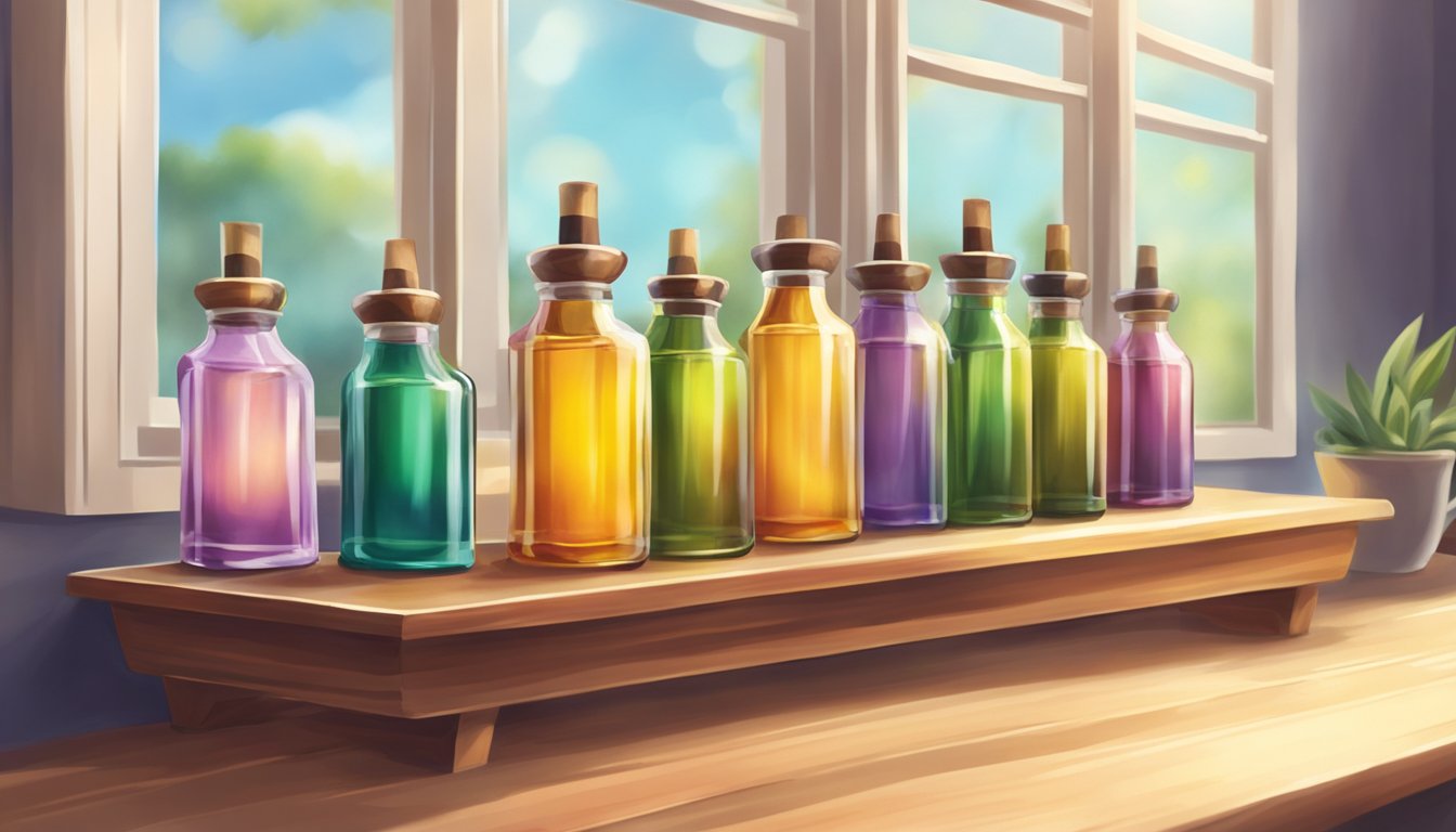 A collection of colorful bottles of specialty oils arranged on a wooden shelf, with natural light streaming in from a nearby window