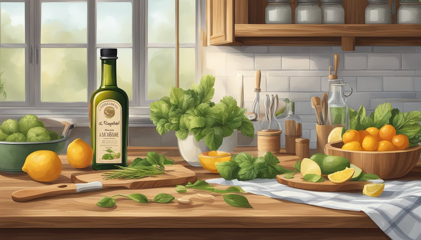 A rustic kitchen with a bottle of La Tourangelle cold-pressed oil on a wooden countertop, surrounded by fresh ingredients and cooking utensils