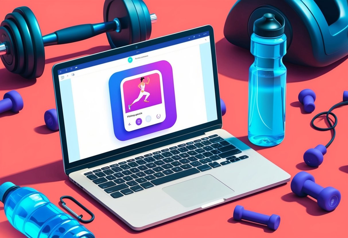 A laptop with a fitness app open, surrounded by workout equipment and a water bottle