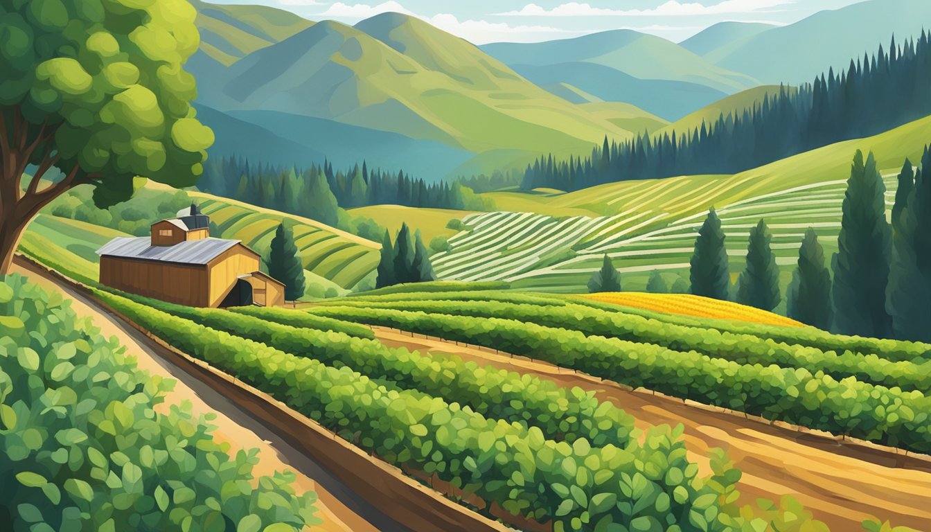 A serene mountainside with rows of vibrant plants being harvested and processed into cold-pressed oils by a small, traditional production facility